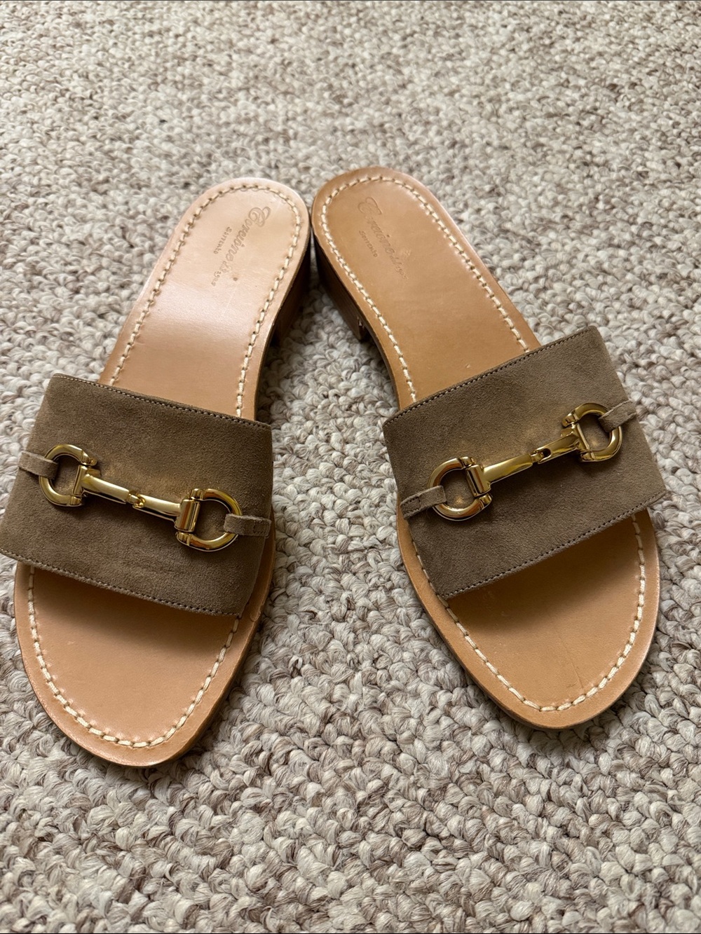 Corcione Sorrento Suede Slip-On Mules with Gold Bit Accent in Taupe Italy